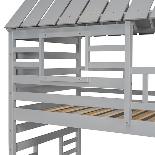 Ball & Cast Bunk Bed Twin Over Twin,House Bunk Bed with Trundle and Slide,Storage Staircase, Roof and Window Design, Full Length Guardrail,Suitable for Boys Girls Bedroom,Gray Ball & Cast