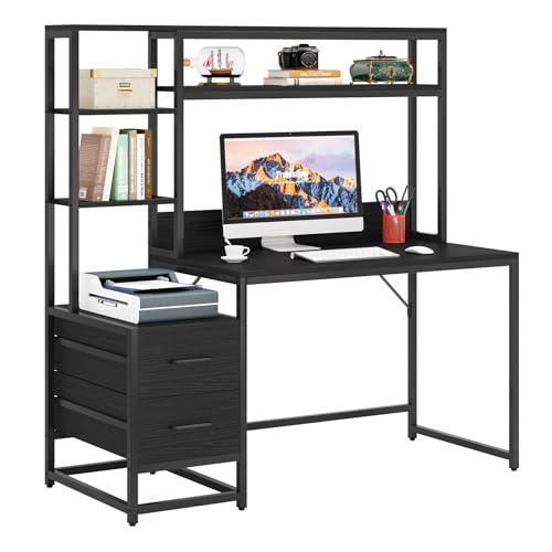 Tribesigns 55 Inch Computer Desk with 2 Drawers and Storage Shelves, Rustic Office Desk with Hutch, Study Writing Gaming Table Laptop Workstation for Home Office (Black) Tribesigns