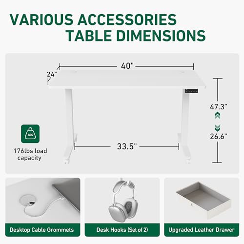 FEZIBO 40 x 24 Inches Standing Desk with Drawer, Adjustable Height Electric Stand up Desk with Storage, Sit Stand Home Office Desk, Ergonomic Computer Desk, White FEZIBO