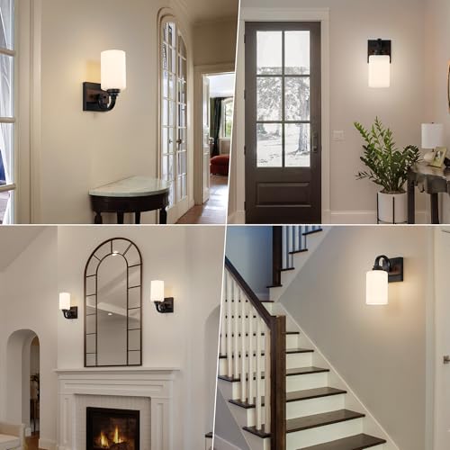 Mecgirn 1-Light Milk Glass Wall Sconces, Farmhouse Vanity Light Fixtures for Bathroom, Black and Wood Wall Lighting, Wall Sconce for Hallway, Entryway, Bedroom, Living Room Mecgirn