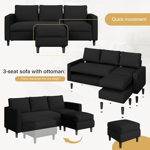 JAMFLY Couches for Living Room, 3-Seat Reversible Sectional Sofa with Convertible Ottoman, Modern Ribbed Fabric L-Shaped Couch for Small Apartment, Studio & Office, Easy Assembly, Black JAMFLY