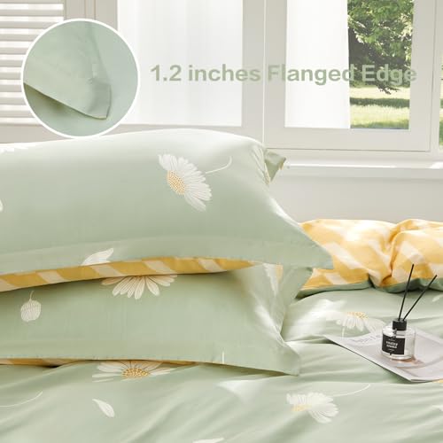 SAPHREAS Floral Daisy Duvet Cover Set Full Size 3pcs Sage Green White Flower Bedding Comforter Cover Set 100% Cotton 1 Duvet Cover 90"x80" 2 Pillow Shams, Comforter Not Included SAPHREAS