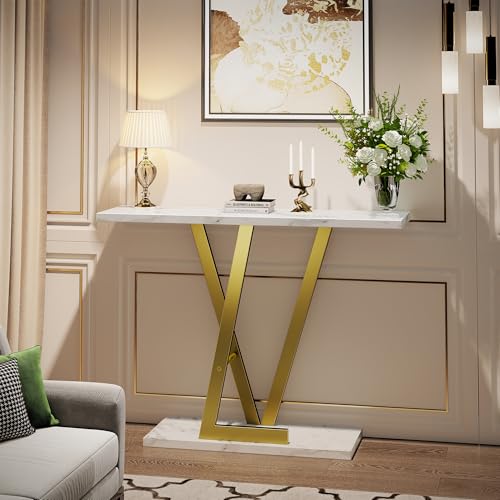 43.3" Gold Console Table, Modern Entryway Table with White Faux Marble Top & Metal Base, Narrow Sofa Table for Living Room, Hallway, Foyer PyroLog