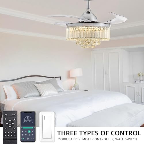 Moooni Dimmable Fandelier Crystal Ceiling Fans with Lights and Remote Modern Invisible Retractable Chandelier Fan LED Ceiling Fan Light Kit -Polished Chrome 36 Inches Moooni