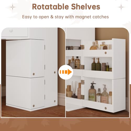 HAUOMS Vanity Desk with Mirror Lights, Storage Bench & Power Outlet, Corner Vanities with Rotating Cabinet & Drawers, 42.5" L Shaped Vanity Set, 3 Light Settings, for Women Girls, Modern White HAUOMS