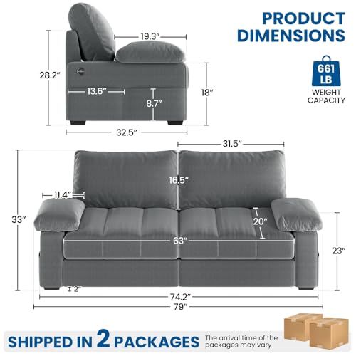 Yaheetech 79" Velvet Couch, Comfy Sofa with Pocket Coils, Deep Seat, Storage Pockets and USB Ports, 2 Seater Modern Loveseat Sofas with Removable Cover, Pillow Top Arms for Living Room Apartment Gray Yaheetech