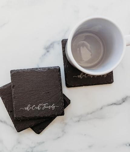 Engraved Slate Coasters for Drinks Custom Coaster Set Monogrammed Initial Name Personalized Gift for Couples Handmade by The Painted Pug (Engraved Slate) The Painted Pug