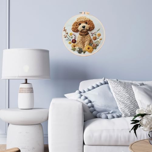 Punch Needle Kits Poodle Dog and Flowers Embroidery Starter Set with Hoop Easy for Beginners DIY Stress Relief Handmade Craft Hobby and Home Decor 20x20cm-6