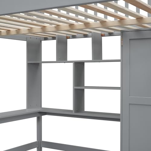 Ball & Cast Full Size Loft Bed with Storage Ladder and Bookshelf,Wooden Bedframe w/Drawers & Wardrobe,Desk,Full-Length Guard Rail,Space Saving,Bedroom Furniture for Student Dorms,Gray Ball & Cast