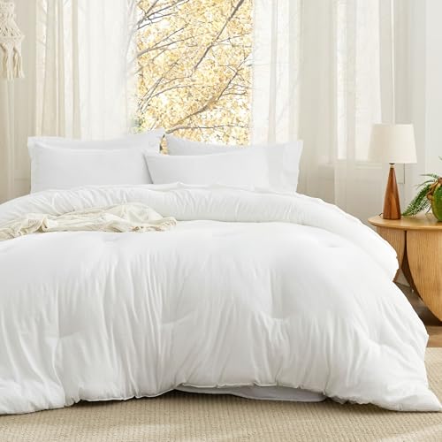 Bedsure California King Size Comforter Set, White Soft Prewashed Bedding for All Seasons, 7 Pieces Warm Winter Down Alternative Bed Set, Fluffy Bed in a Bag with Sheets, Pillowcases & Shams Bedsure