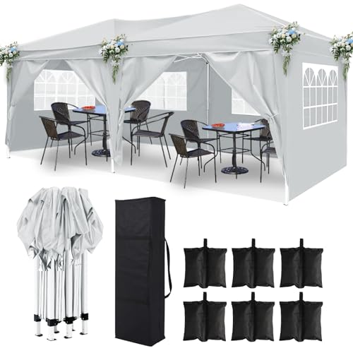 DOINUO 10x20 White Pop Up Canopy Outdoor Party Tent with 6 Sidewalls, Wedding Party Tent Outdoor Waterproof UV50 Canopy Event Shelter Tents for Parties, 6 pcs Weight Bag,Carry Bag DOINUO