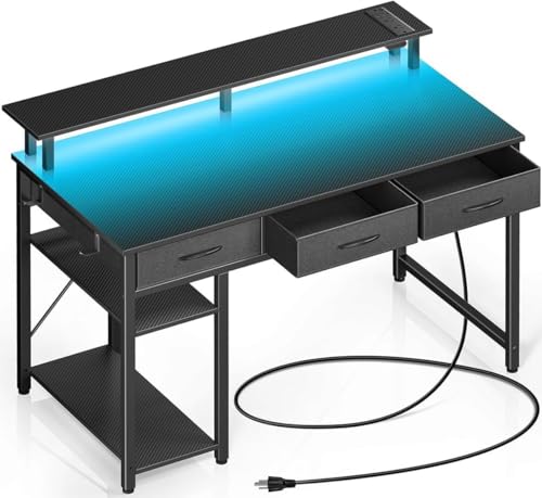 Rolanstar Computer Desk with Power Outlets & LED Light, 39 inch Home Office Desk with 3 Drawers and Storage Shelves, Writing Desk with Monitor Stand, Modern Work Desk for Home Office, Carbon Black Rolanstar