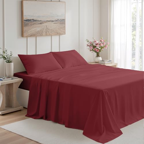 USXIBEI Twin Size 3 Piece Bed Sheet Set - Ultra Imitation Cotton-Premium Breathable & Cooling Sheets - Hotel Luxury Bed Sheets Deep Pocket up to 15"- Wrinkle, Fade, Stain Resistant (Burgundy, Twin) USXIBEI