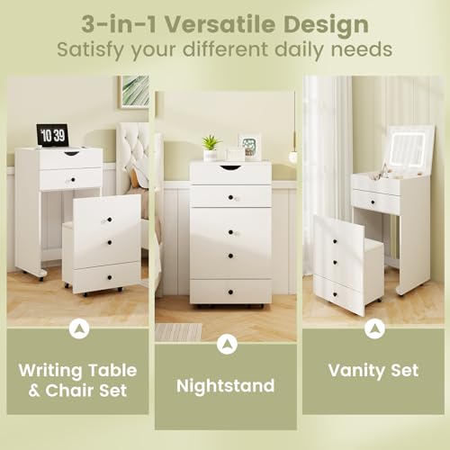 CHARMAID Small Vanity Desk Set, Makeup Vanity Table with Flip-up Lighted Mirror, Storage Bench, 2 Drawers, 8 Wheels, White Girls Dressing Table Nightstand for Small Space Bedroom CHARMAID