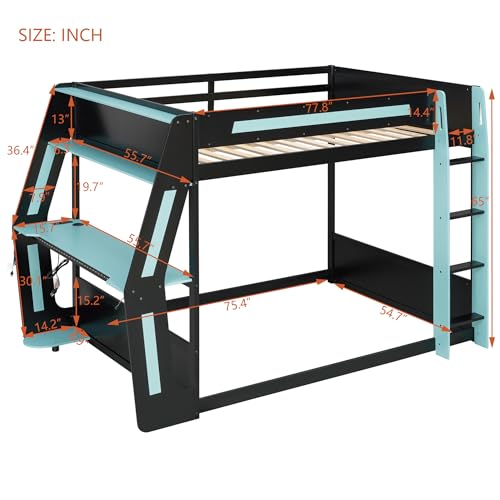 Merax Gaming Bunk Bed with Side-Mounted Oversized RGB Desk, USB Charging Ports & Cable Grommet, LED Light Strip, Heavy-Duty Esports Loft Frame – Cool Design, Full-Size, Cloud Blue Merax