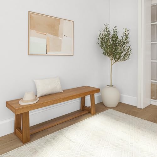 Plank+Beam 60 Inch Farmhouse Dining Bench, Solid Wood Entryway Bench, Wooden Outdoor Bench, Kitchen Dining Seat, Dining Room, Home Office, Living Plank+Beam