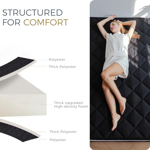 MAXYOYO 6" Extra Thick Futon Mattress Floor Mattress, Twin Size Diamond Pattern Japanese Tatami Pad Roll Up Mat for Adults, Guest, Black MAXYOYO