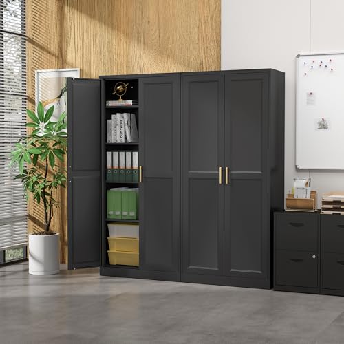 SteeLoong Kitchen Pantry Cabinet,71”Black Metal Pantry Storage Cabinet with Doors and 4 Adjustable Shelves,Kitchen Cabinet with 2 Gold Handles,Tall Cabinet for Livingroom,Pantry, Bathroom SteeLoong