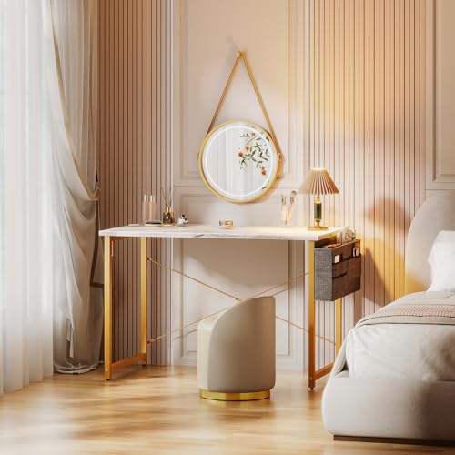 ODK Study Computer Desk 40 inch Home Office Writing Small Desk, Modern Simple Style PC Table with Storage Bag and Headphone Hook, White Marble + Gold Leg ODK
