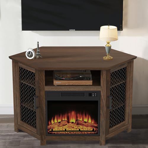 47" Corner Fireplace TV Stand for TVs Up to 55", Farmhouse Fireplace TV Stand with Remote 18" Electric Fireplace, Entertainment Center with Storage & Open Shelves for Living Room, Bedroom, Brown Vaczon
