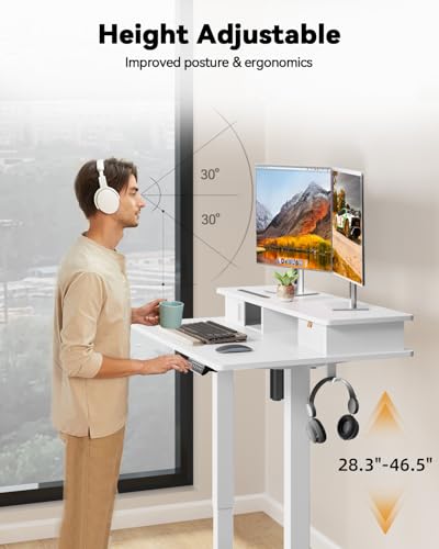 JOY worker Small Electric Standing Desk, 35" x 25" Height Adjustable Desk with Built-in Monitor Stand & Storage Drawer, White Sit Stand Table with 2 Hooks for Home Office JOY worker