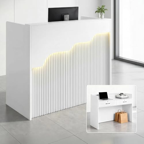 Small Reception Desk with Counter LED Lights,Modern Front Desk Checkout Counter with Lockable Drawer,Wooden Reception Room Tables, Cash Register Stand for Salon,Retail,Office,Lobby(White, 47.2in) WUIOYNF