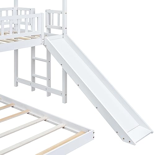 SOFTSEA House Bunk Bed with Slide, Twin Over Full Wooden Bunk Bed Frame with Full-Length Guardrail and Built-in Ladder, for Bedroom, No Box Spring Needed, White SOFTSEA