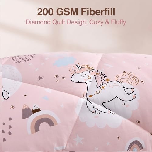 JSD Pink Unicorn Kids Comforter Set Twin Size, 2 Piece Girls Rainbow Microfiber Comforter with Pillow Sham, Lightweight All Season Washable JSD