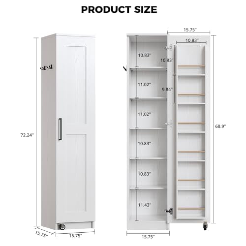 IRONCK Narrow Kitchen Pantry Storage Cabinet, 72" Slim Single Door with 6 Adjustable Shelves, Door Rack and Wheels, Space Saving Freestanding Storage Floor Cabinet for Small Place, White IRONCK