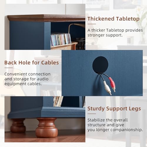 Joaxswe Record Player Stand with Vinyl Record Storage, 24" Wide Mid-Century Record Player Table Up to 200 Albums,Large Wood Turntable Stand Cabinet Dispaly Shelf for Living Room,Bedroom,Blue Joaxswe