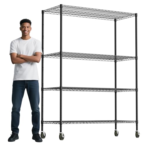 Whitmor 4 Tier Storage Shelves with Wheels, Heavy Duty Metal Shelving Unit, 625 lbs Capacity per Shelf, 2500 lbs Total for Kitchen, Garage, Plant, 55" L x 24" W x 72" H, Black Whitmor
