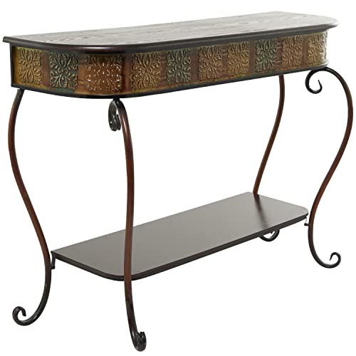Deco 79 Metal Floral Embossed 1 Shelf Console Table with Ornate Scroll Legs, 43" x 14" x 32", Brown Deco 79