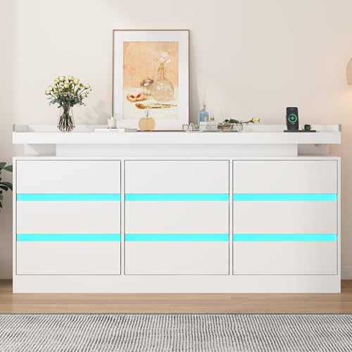 Hlivelood 9 Drawer Dresser with Power Outlet & LED Light, Modern Chest of Drawers for Closet Modern Large Dresser Organizer Cabinet for Bedroom, Living Room, White Hlivelood