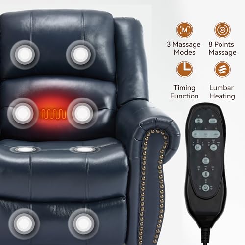 EZZUP Genuine Leather Power Lift Recliner Chair, Lazy Boy Recliner Chair with Charging Ports for Living Room Theater Seating, Electric Single Sofa with Round Armrest, Blue