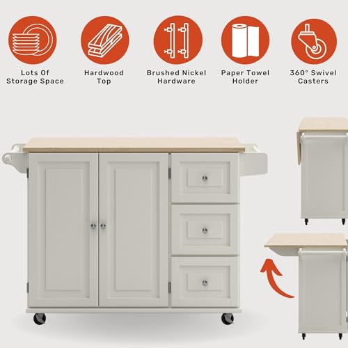 Homestyles Mobile Kitchen Island Cart with Wood Drop Leaf Breakfast Bar, Off White,Soft White, 54 Inch Width homestyles