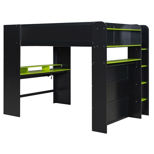 Merax Full Size Gaming Loft Bed with Height-Adjustable Desk, Wardrobe, Ample Storage Space and RGB Light, Solid Wood Bunk Bed Frame for Bedroom, No Box Spring Needed, Green Merax