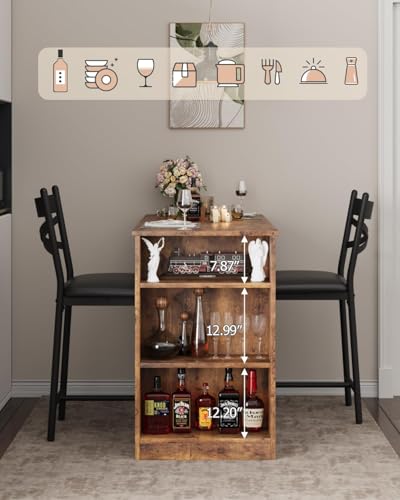 Garvee Bar Table and Chairs Set, 3 Piece Bar Table Set with with Flip Top Extension and Storage Shelves, Dining Table Set for 2, Suitable for Small Space Kitchen Apartment, Brown Garvee