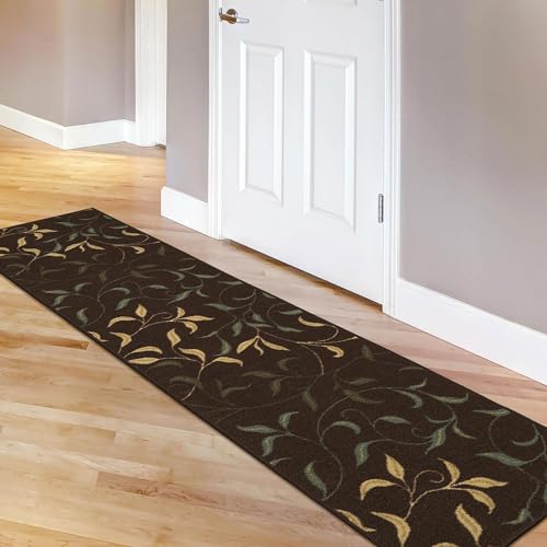 Machine Washable Leaves Design Non-Slip Rubberback 3x10 Traditional Runner Rug for Hallway, Kitchen, Bedroom, Living Room, 2'7" x 9'10", Brown Ottomanson