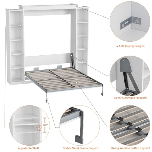 Rophefx Queen Murphy Bed Cabinet with 5-Tier Adjustable Storage Shelves, Wood Queen Wall Bed Cabinet Bed, Space Saving Beds, Hidden Bedframe, Foldable Platform Beds for Guest Room, Bedroom, White Rophefx