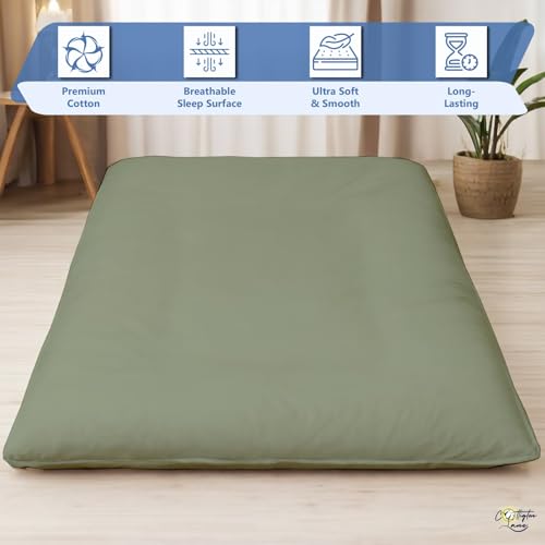 Cottington Lane Traditional Japanese Shikibuton Futon Cover, King Size Premium Cotton Zippered Floor Mattress Slipcover, Soft Durable, Ideal for Dorm Rooms, Guest Rooms, Sage Cottington Lane