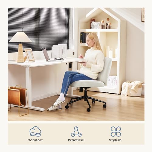 DUMOS Criss Cross Chair with Wheels, Wide Cross Legged Office Desk Vanity Chairs, Faux Leather Armless Adjustable Swivel Chairs for Home Computer Task, Beige DUMOS