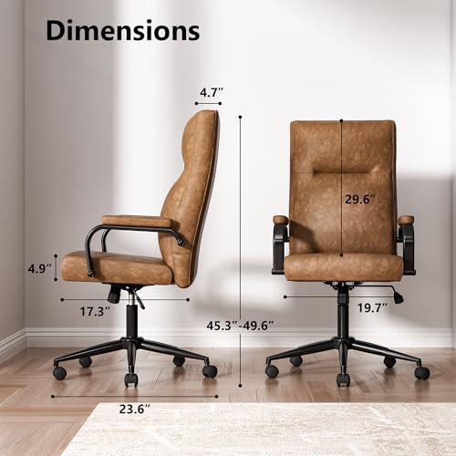 GXJ Brown Leather Office Chair with Wheels, Memory Foam Height Adjustable Computer Deak Chair, Rolling Swivel Executive Chair for Home Office GXJ