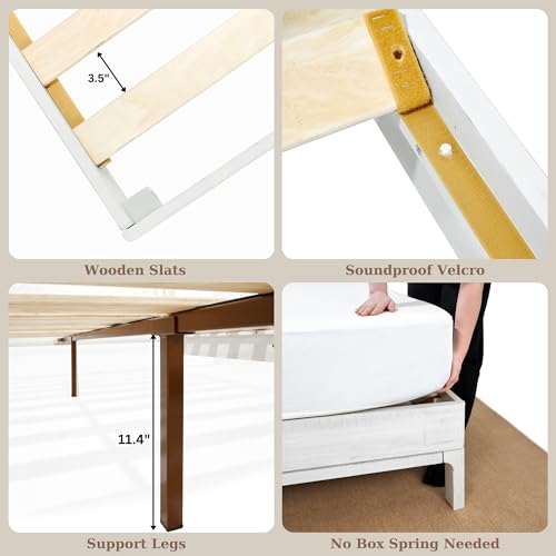 Bme Ethan Solid Wood King Bed Frame with Diamond Headboard - Rustic & Mid-Century Modern - Acacia Wood Platform Bed - Compatible with All Mattresses - No Box Spring Needed - Rustic White Bme