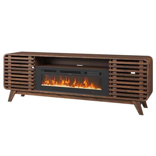 Breezestival 36" Electric Fireplace TV Stand for 80" TVs, Mid Century Modern Walnut Console with LED Lights & Sliding Doors Breezestival