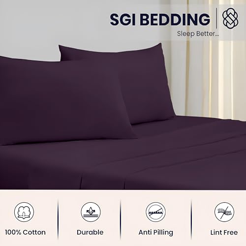 SGI 1000 Thread Count Egyptian Cotton King Sheet Set – Ultra Soft, Deep Pocket 15” Fitted, Breathable & Hotel-Quality,Luxury 4-Piece Premium Bedding Set for Crisp, Durable Comfort – Plum SGI bedding