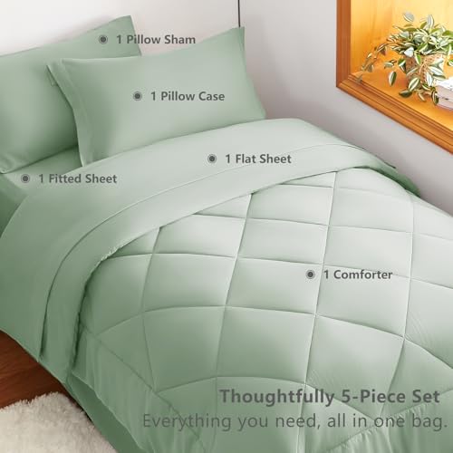 CozyLux Twin Comforter Set with Sheets Sage Green - 5 Pieces Bed in a Bag Twin, All Season Bed Set for Girls and Boys, Bedding Set with Down Alternative Comforter, Sheets, Pillowcase & Sham CozyLux