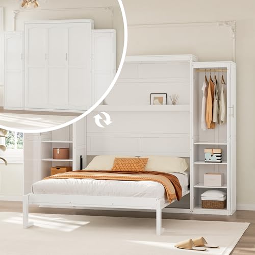 Polib Full Size Murphy Bed with Two Wardrobes and Storage Shelf, Space-Saving Wall Cabinet Bed with Foldable Platform Bedframe for Small Bedrooms, Guest Rooms and Apartments (White) Polibi