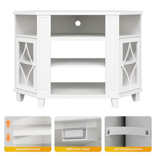 FansaFurn Corner TV Stands with 18'' Fireplace, Media Console Table with Adjustable Shelves & Acrylic Doors, Entertainment Center for TVs up to 55'', Corner Cabinet for Living Room, Bedroom, White FansaFurn