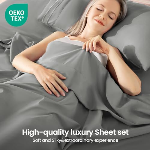 ROSE&RISY Light Grey Twin Sheet Set, 3 Pieces Soft Bedding Queen Sheet Set, Breathable and Cooling,Includes 1 Fitted, 1 Flat, 1 Pillowcase - Deep Pocket (Light Grey, Twin) ROSE&RISY