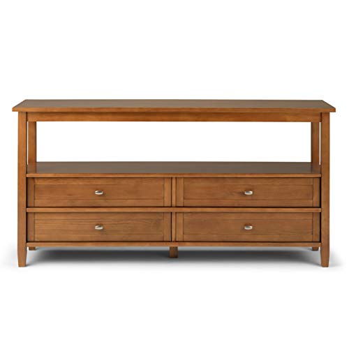 SIMPLIHOME Warm Shaker Wide Console Table - 60 Inch Wide Solid Wood Sofa Table in Light Golden Brown, Transitional Storage Table for Living Room with 4 Drawers, Open Shelf, and Brushed Nickel Knobs SIMPLIHOME